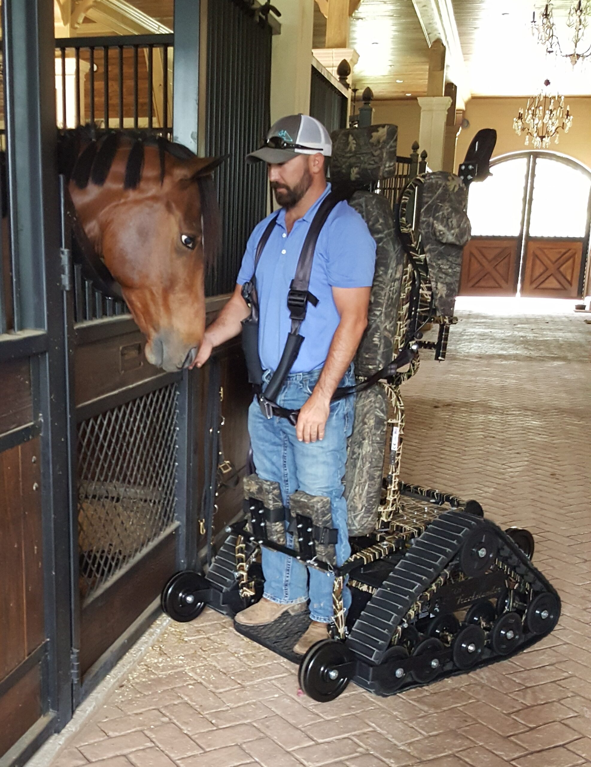 Persona en silla de ruedas todoterreno modelo TR dando de comer a un caballo